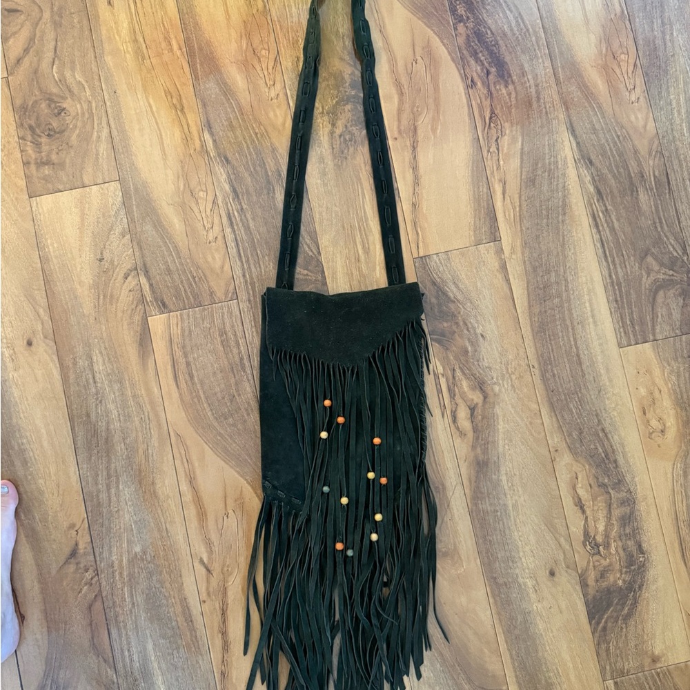 Fringe Leather Suede Shoulder Crossbody Bag - Green